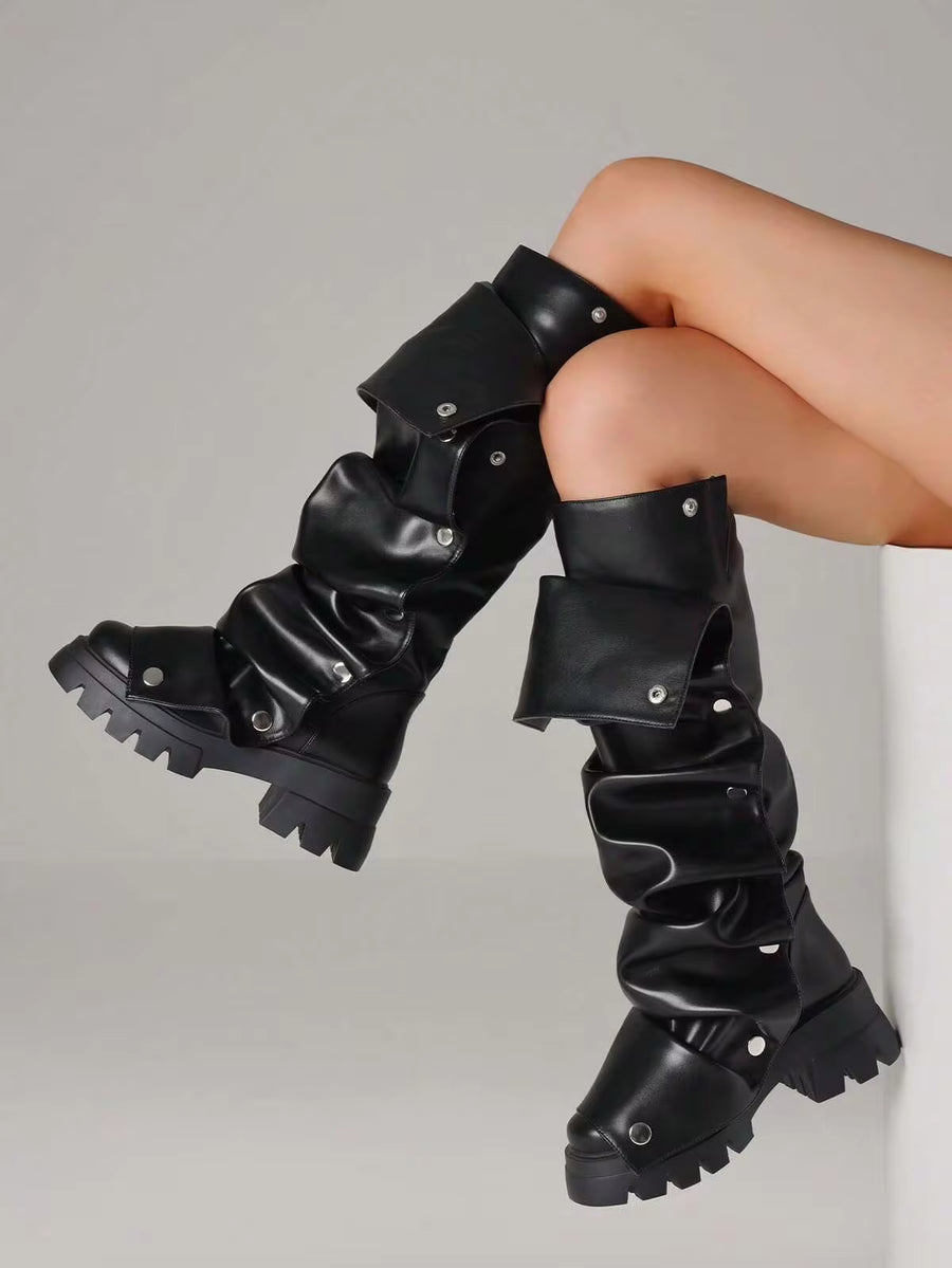 Women Mid Calf Boots Platform Heels Ruch Boots Knee High Fold Over Chunky Heel Short Booties Round Toe Pull-On Shark Boot Daily Party Y2K Dress Boots