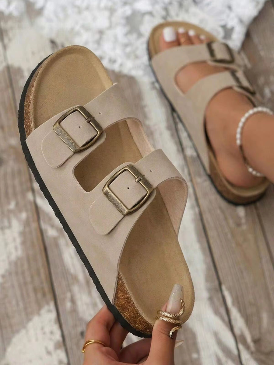 Women's Sandals Flats Soft Open Toe Summer Slide With Adjustable Buckle Slippers Shoes